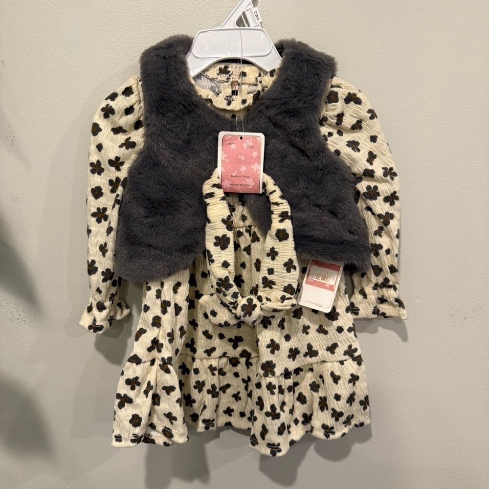 btween baby Floral Kids Dress with Faux Fur Vest 3 Piece Set Size 12 Month - Picture 2 of 5